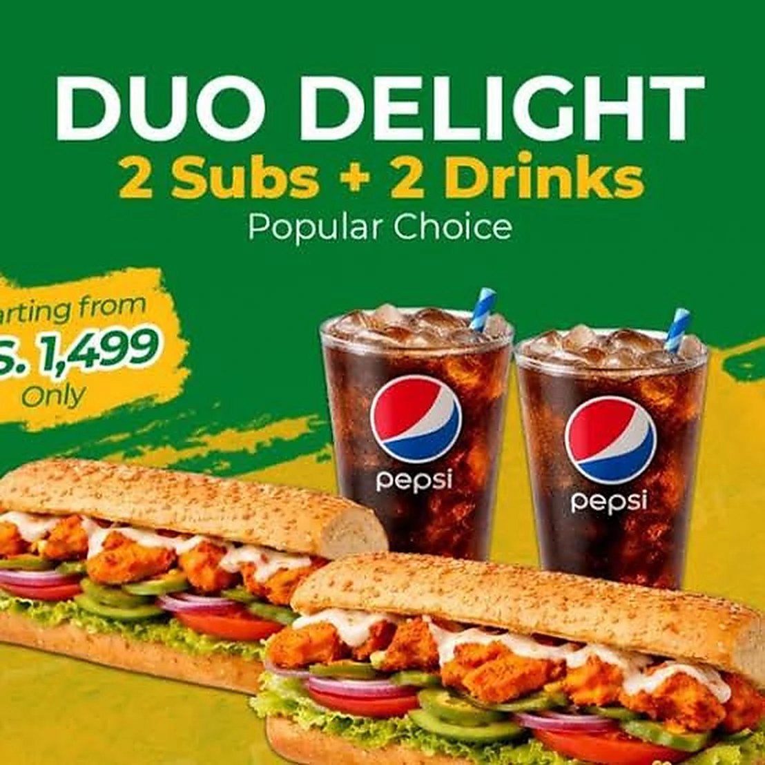 A Subway Duo Delight promotion featuring two subs and two drinks.