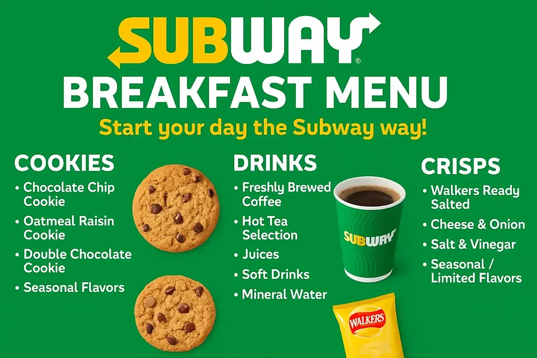 A menu graphic featuring breakfast items, drinks, and sides.